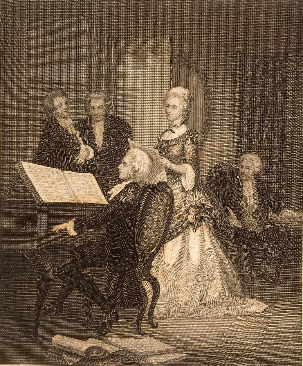 Wolfgang Amadeus Mozart ackompanjerar Caterina Maddalena Giuseppa (gravyr) av Austrian School