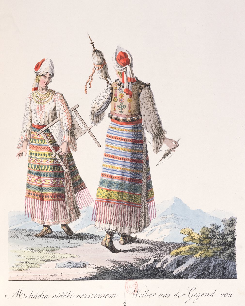 Kvinnor i traditionell klädsel från Mehadia-regionen, illustration från en bok Costumes de Hongrie av J.H. de Bikkesy, 1810 (färggravyr) av Austrian School