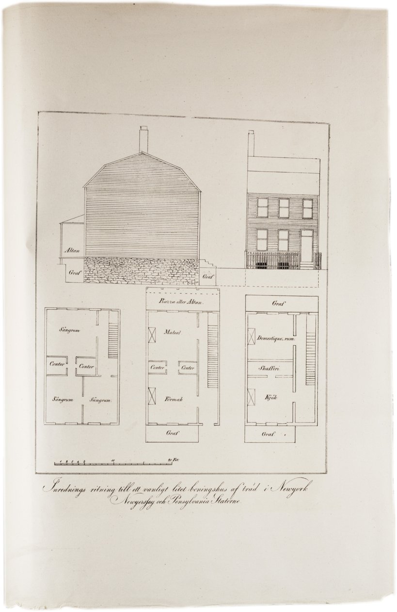 Design av en typisk New York-bostad, från en Atlas of the United States, 1824 av Axel Leonhard Klinckowström