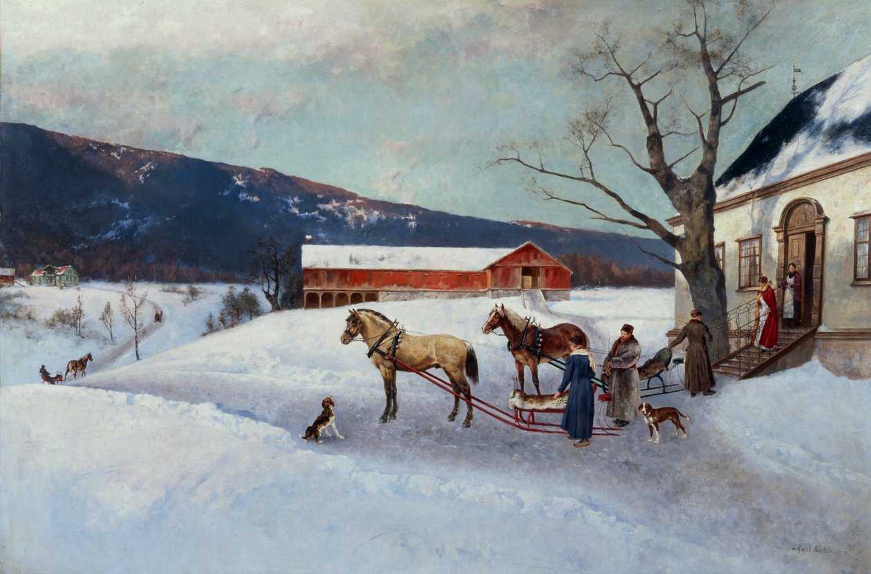 Sledge Ride från Farm Yard (olja på duk) av Axel Hjalmar Ender