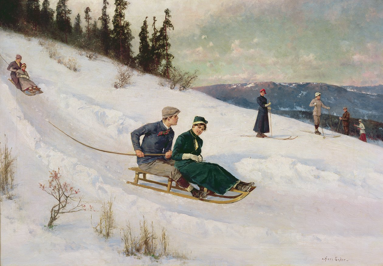 Kälkåkning och skidåkning (olja på duk) av Axel Hjalmar Ender
