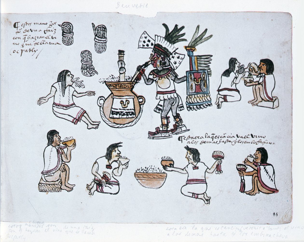 Aztec Pulque Deity blåser på ett rör ovanför en burk med pulque och män som dricker pulque, illustration från Codex Magliabechiano av Aztec