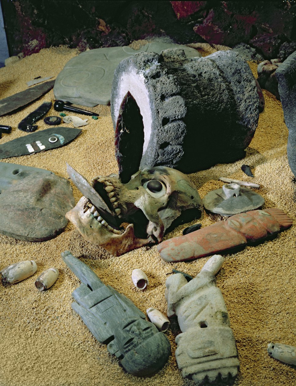 Aztekiska rituella föremål från det sydöstra hörnet av Templo Mayor, daterade till 1469-81 (mixed media) av Aztec