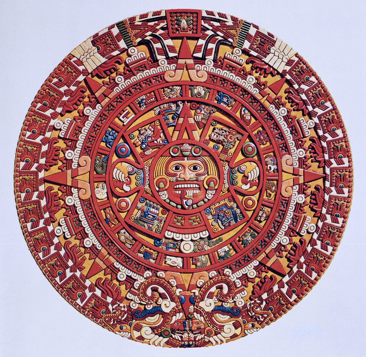 Imaginär rekreation av en aztekisk solstenskalender (se även 115255), sen efter klassisk period (litografi) av Aztec