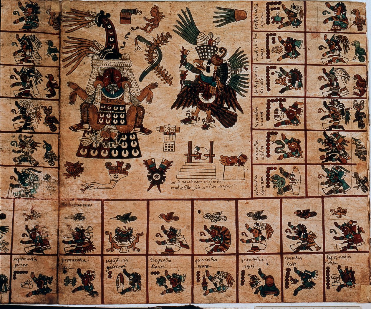 Representation av aztekiska gudar och rutor som motsvarar kalendern. Sida av det aztekiska manuskriptet på bark "Codex Borbonicus", precolombiansk inhemsk codex i centrala Mexiko, sent 1400-tal. Nationalförsamlingens bibliotek (Palais Bourbon). av Aztec