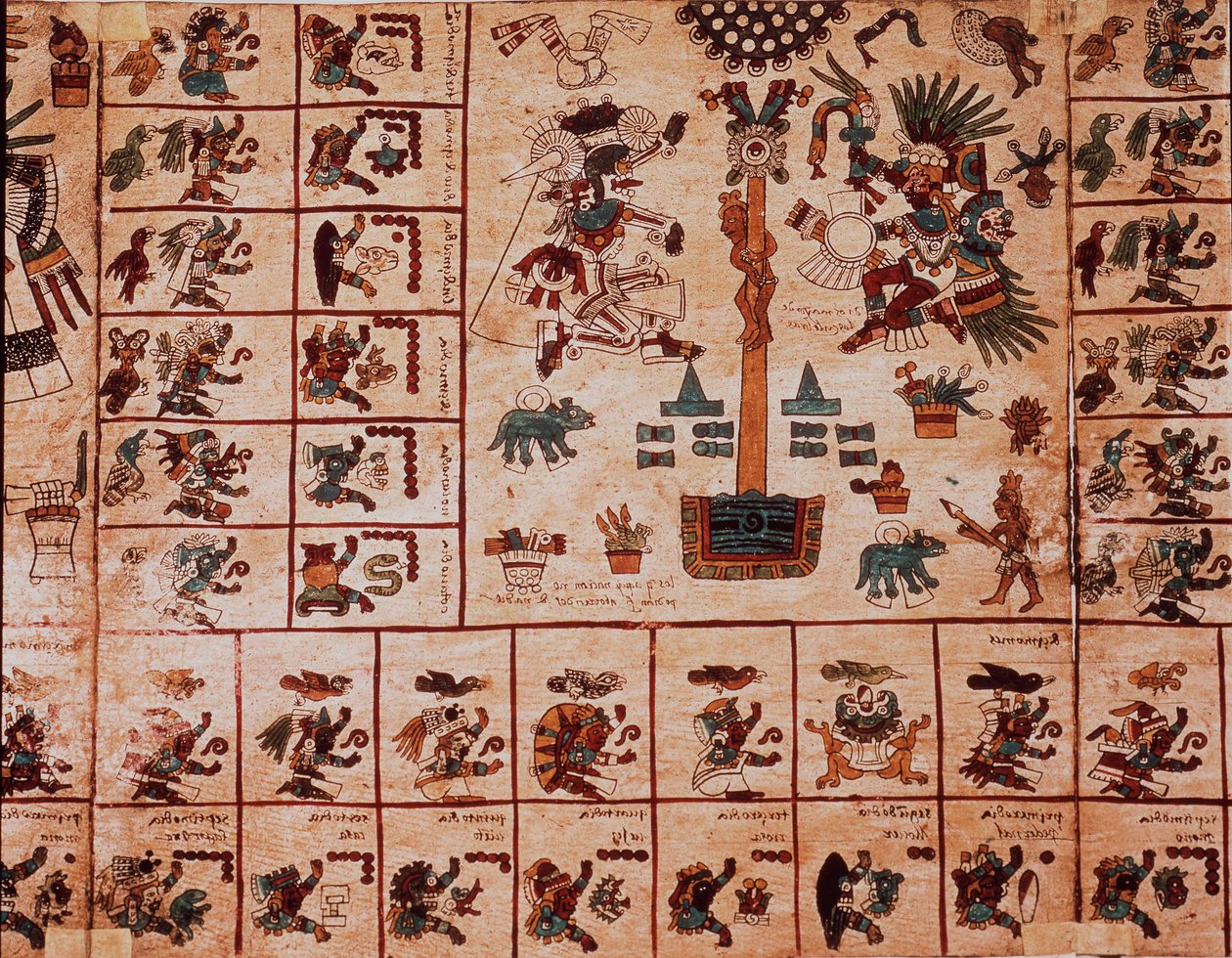 Representation av aztekiska gudar och rutor som motsvarar kalendern. Sida av det aztekiska manuskriptet på bark "Codex Borbonicus", precolombiansk inhemsk codex i centrala Mexiko, sent 1400-tal. Nationalförsamlingens bibliotek (Palais Bourbon). av Aztec