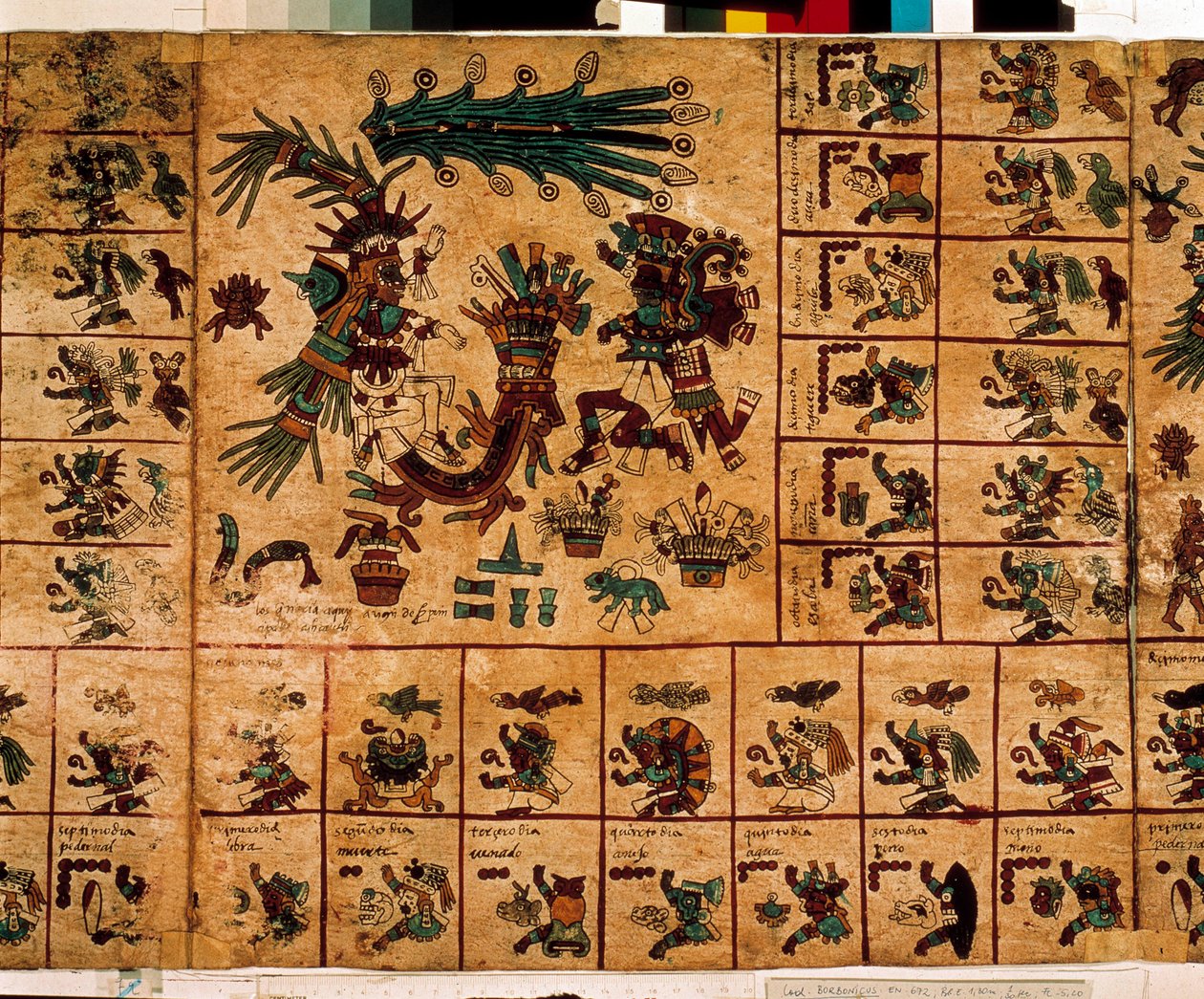 Representation av aztekiska gudar och rutor som motsvarar kalendern. Sida av det aztekiska manuskriptet på bark "Codex Borbonicus", precolombiansk inhemsk codex i centrala Mexiko, sent 1400-tal. Nationalförsamlingens bibliotek (Palais Bourbon). av Aztec