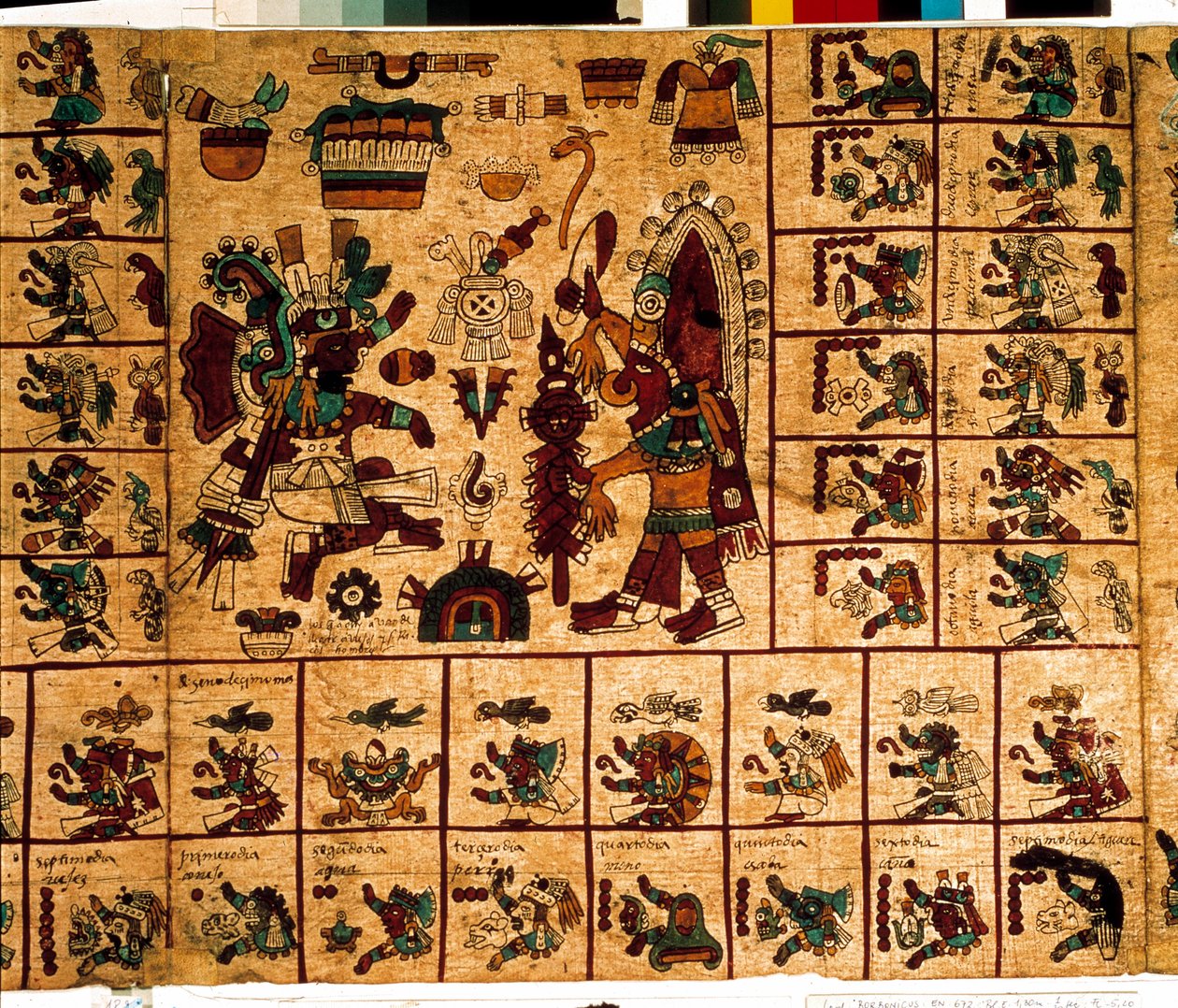 Representation av aztekiska gudar och rutor som motsvarar kalendern. Sida av det aztekiska manuskriptet på bark "Codex Borbonicus", precolombiansk inhemsk codex i centrala Mexiko, sent 1400-tal. Nationalförsamlingens bibliotek (Palais Bourbon). av Aztec