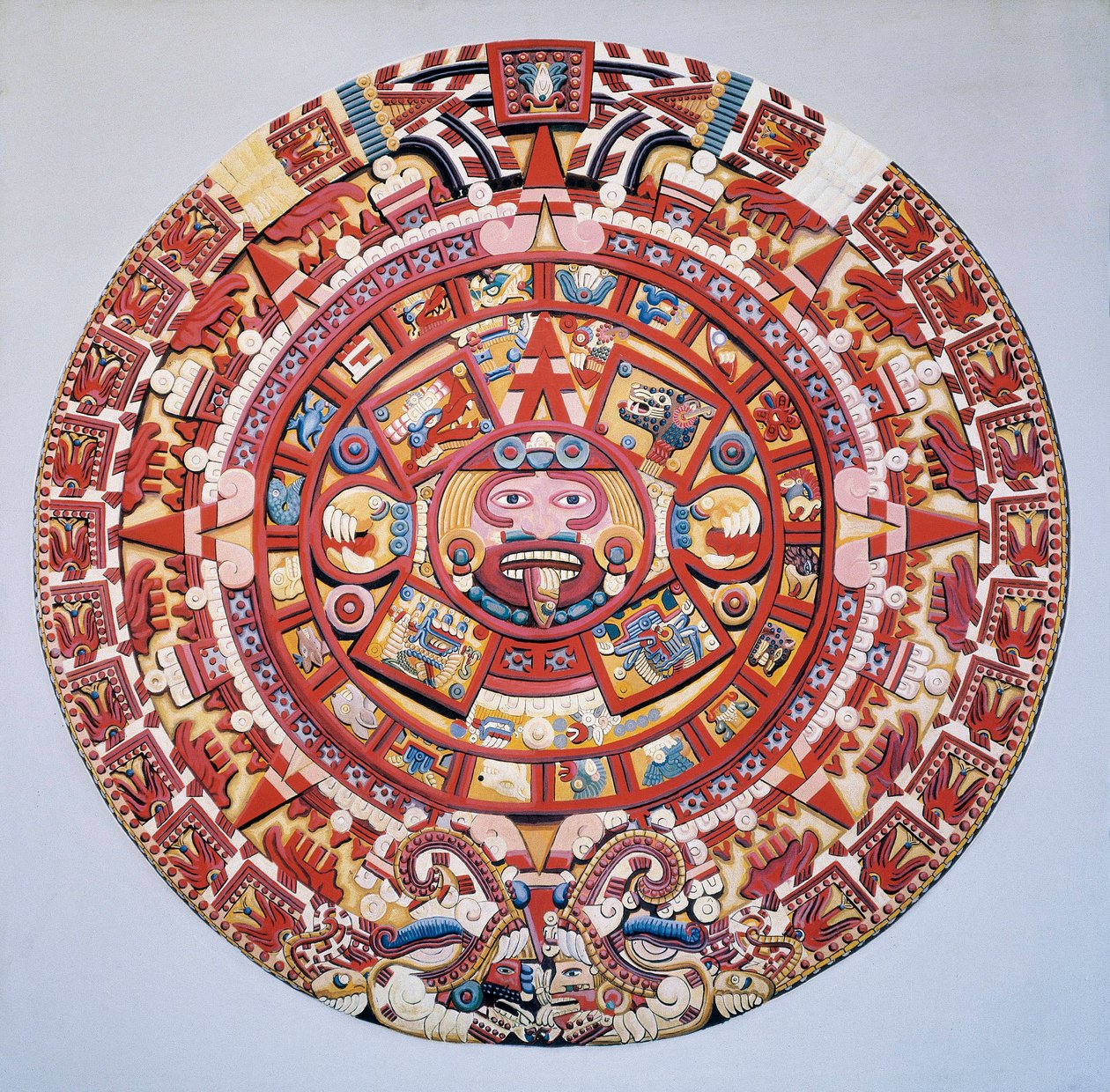 Förcolumbiansk civilisation: den aztekiska kalendern (solens sten): skiva som representerar den aztekiska kalendern och kosmogonin (Tonalpohualli) av Aztec Aztec