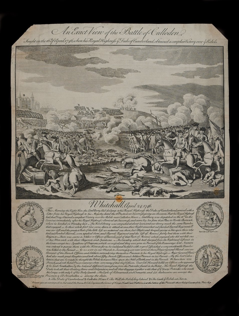 An Exact View of the Battle of Culloden, publicerad av B. Cole, i hörnet av King