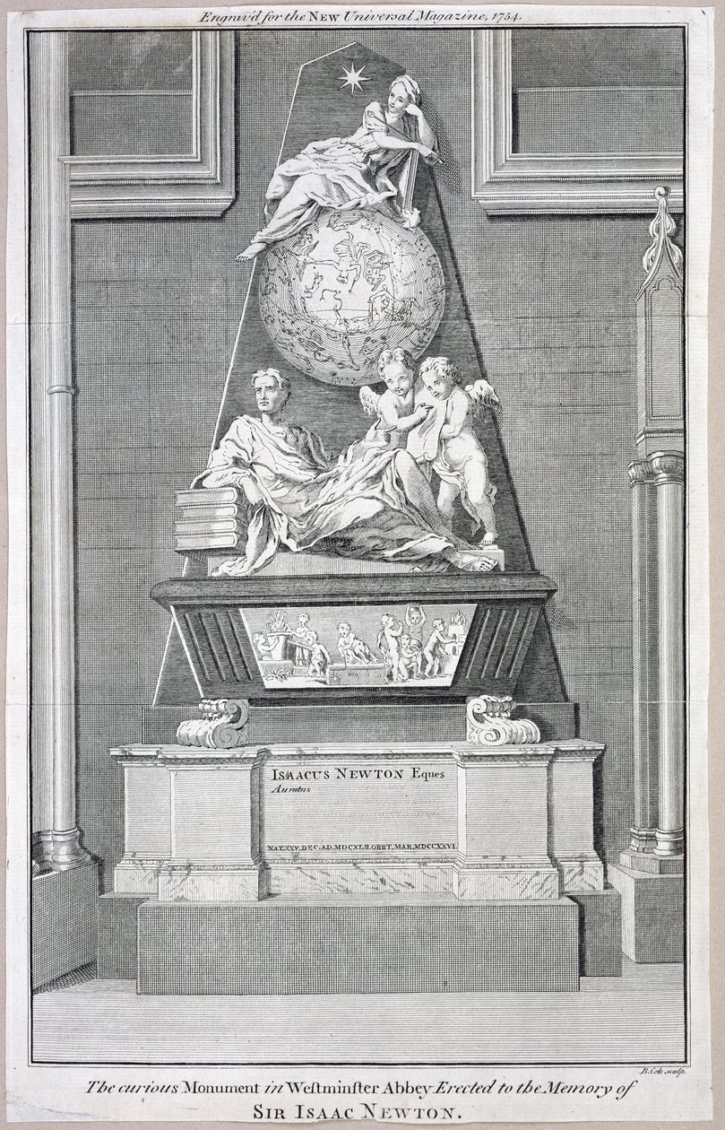 Det märkliga monumentet i Westminster Abbey rest till minne av Sir Isaac Newton, 1754 av B. Cole