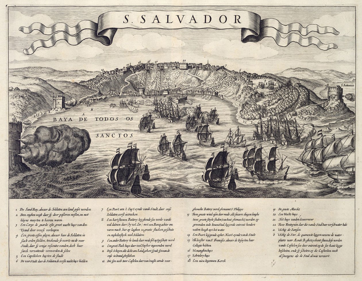 Gezicht op de slag om stad San Salvador in de Allerheiligenbaai tussen Nederlanders en Portugezen in 1624 av B. Elsevier