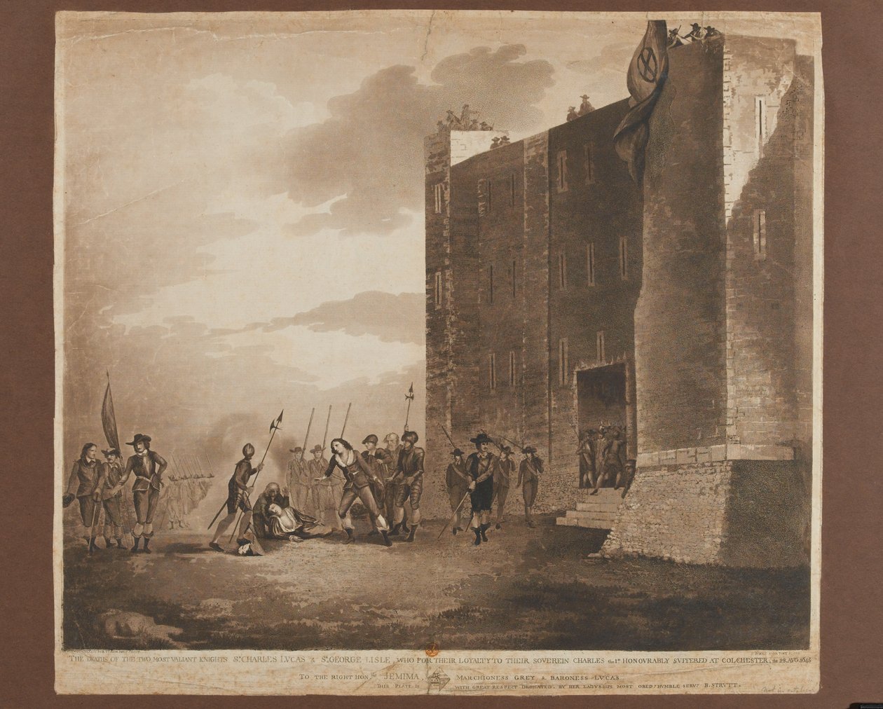 Dödsfall av Sir Charles Lucus (ca 1612-1648), Sir George Lisle (d. 1648), 28 augusti 1648, graverad av F. Jukes, publicerad 1748 (färgad akvatint) av B. Strutt