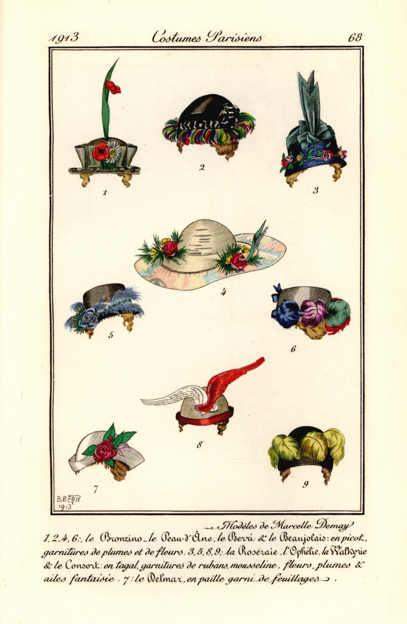 Mössor för damer av milliner Marcelle Demay. Modeller av Marcelle Demay. Handfärgad pochoir (stencil) etsning efter en illustration av B. Berty från Tommaso Antonginis Journal des Dames et des Modes, Aux Bureaux du Journal des Dames, Paris av B Berty
