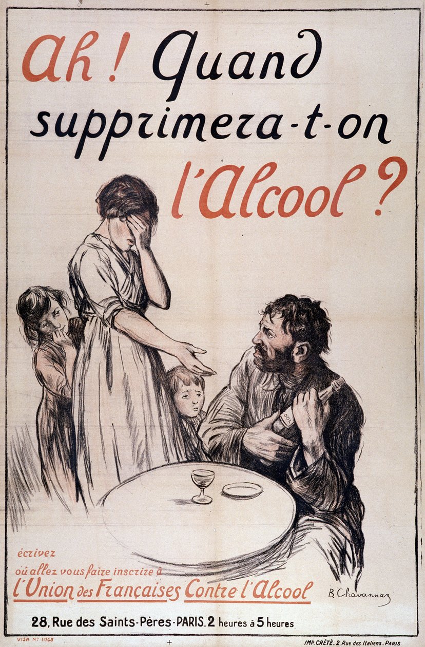 Alkoholism: "När ska alkohol tas bort?" c. 1910 (litografi) av B. Chavannaz