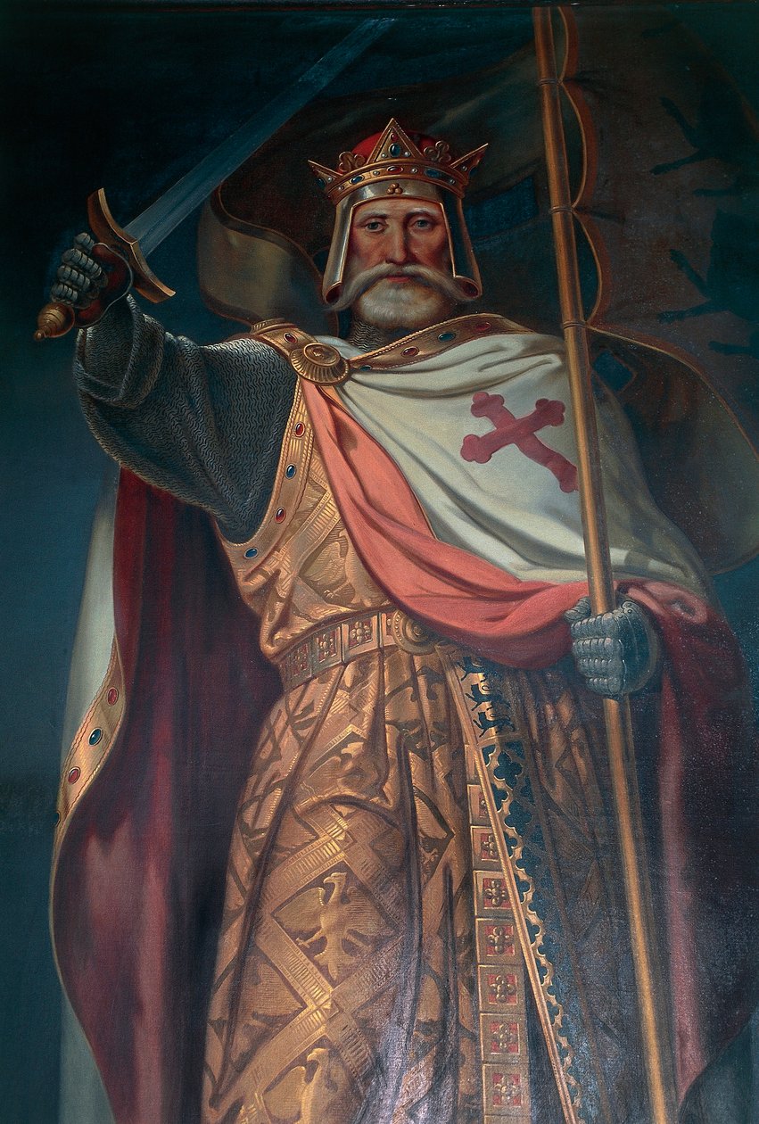 Tjeckien, södra Böhmen, Rozmberk slott, korsfarare, fresk av B. Strobl, detalj av B. Strobl