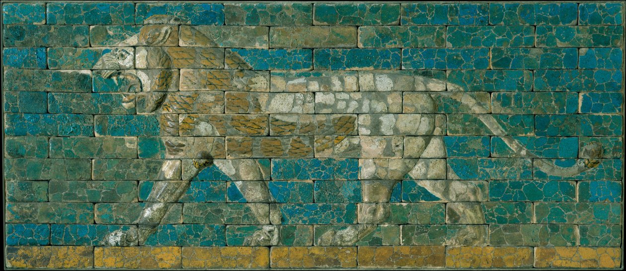 Panel med stridande lejon, c.600-575 f.Kr. (glaserad keramik) av Babylonian