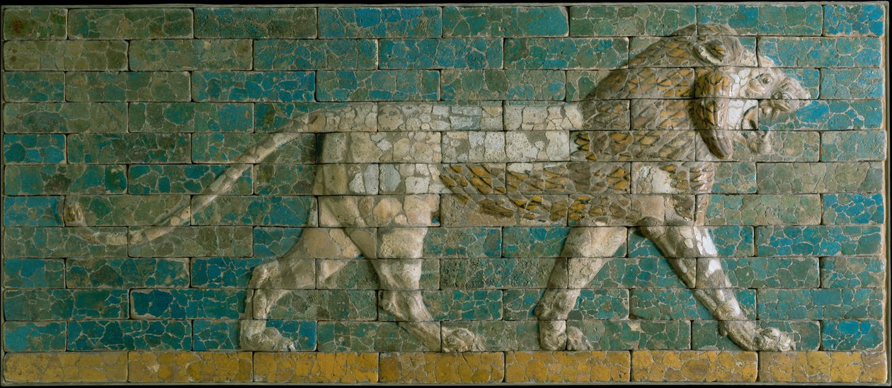Panel med stridande lejon, c.600-575 f.Kr. (glaserad keramik) av Babylonian