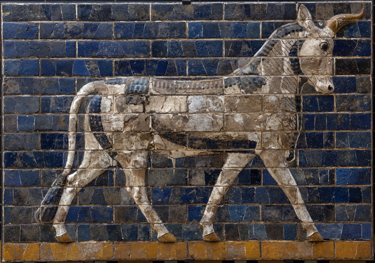 Helig tjur - emaljtegelreliefer från Ishtarporten - Babylon - 604-562 f.Kr. - Nabuchadnezzorperiodens arkeologiska museum Istanbul - En tjur, detalj från glaserade tegelplattor som föreställer mytologiska djur som prydde processionsvägen till Ishtar Ga av Babylonian