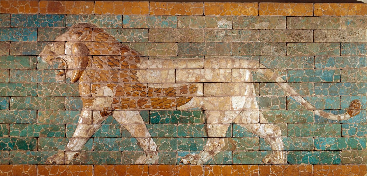 Babylons processionsväg erigee under Nebukadnessar II:s styre (605-562 f.Kr.): detalj av Ishtarporten som visar ett mosaiskt lejon av tegelstenar. Babylon, Irak. Paris. Louvren av Babylonian