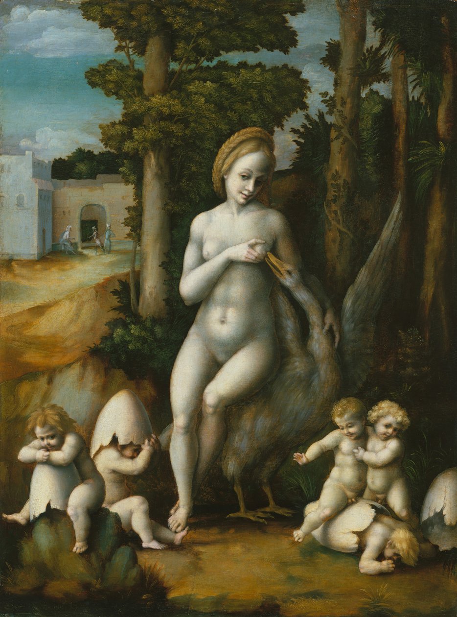 Leda och Svanen. av Bacchiacca