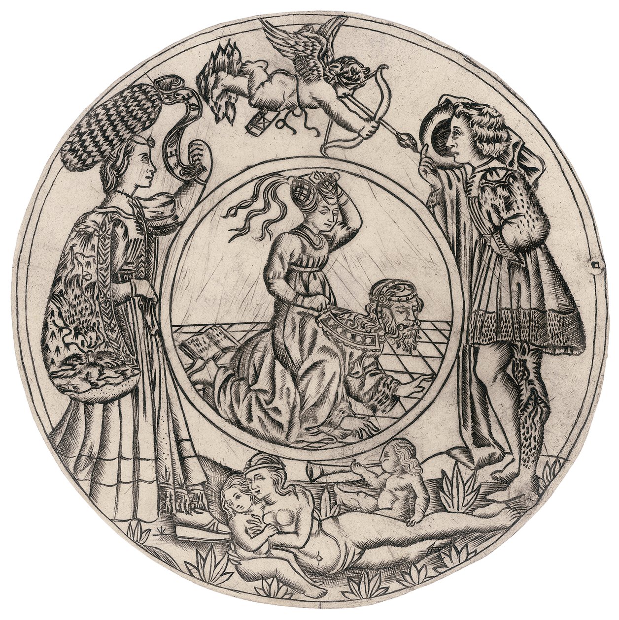 Aristoteles och Phyllis, omgivna av en ung man och kvinna med Eros, och en liggande naken kvinna med två barn, andra hälften av 1400-talet (gravyr) av Baccio (circle of) Baldini
