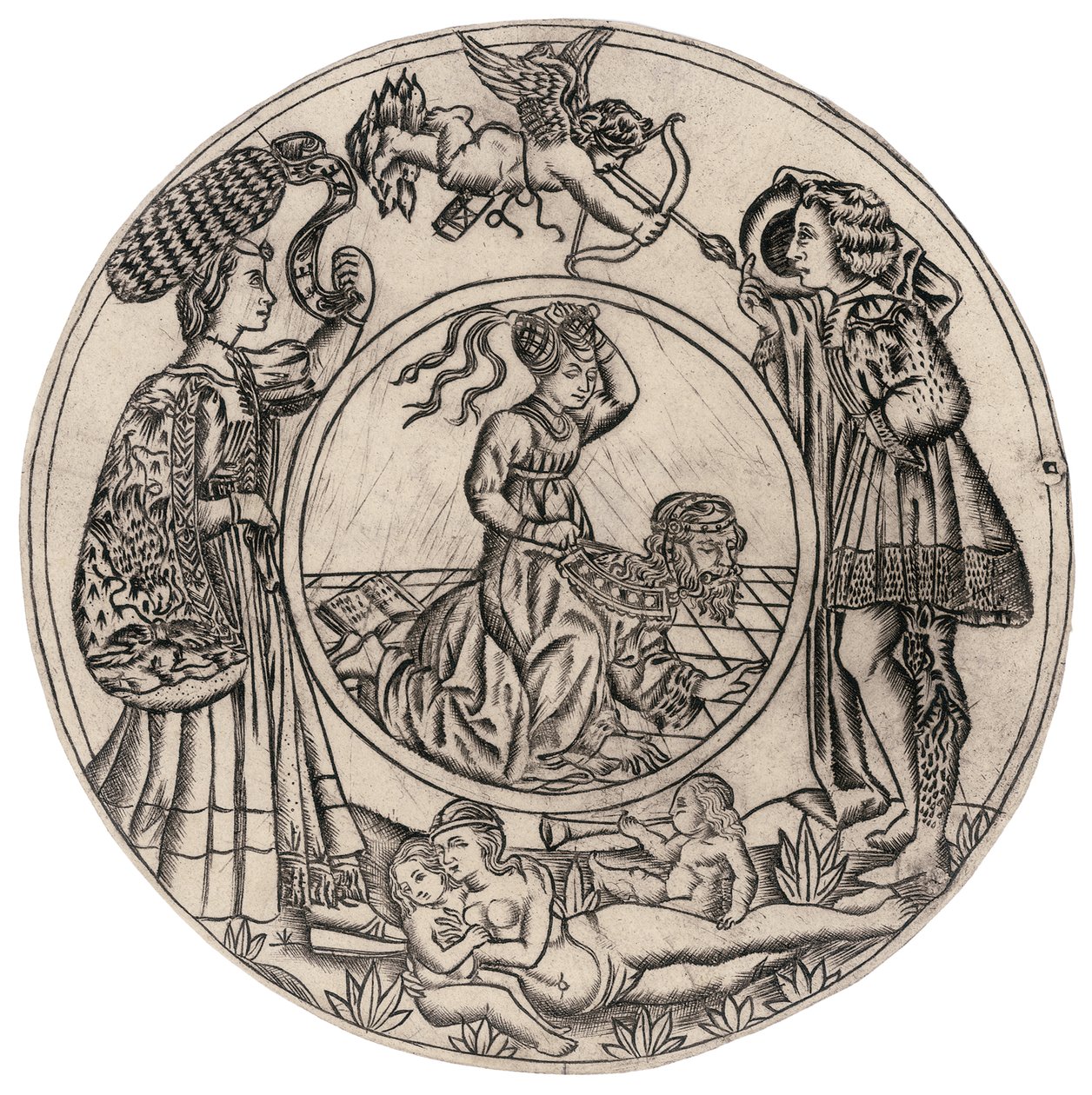 Aristoteles och Phyllis, omgivna av en ung man och kvinna med Eros, och liggande naken kvinna med två barn, andra hälften av 1400-talet av Baccio Baldini