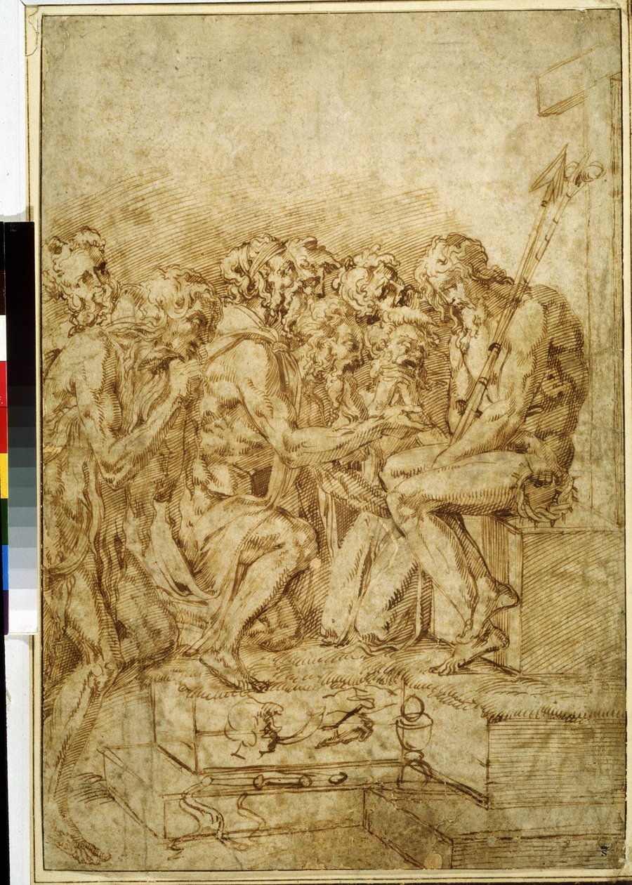 ""Kristus med symbolerna för passionen omgiven av sju figurer"" (Kristus med symboler för passioner som åtföljs av sju figurer) Ritning med brunt bläck av Baccio Bandinelli (1493-1560) Pushkin-museet från 1500-talet i Moskva av Baccio Bandinelli