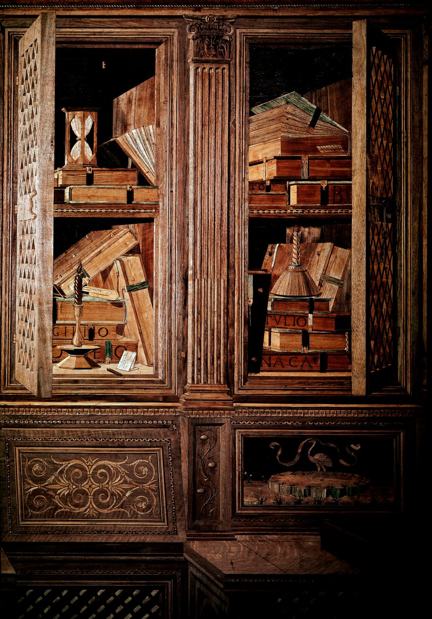 Studiolo av hertig Fredrik III av Montefeltre, hertig av Urbino (Urbino), på italienska Federico III da Montefeltro (1422-1482). Detalj, trämosaik legno, formlister utförda av Baccio Pontelli (1450-92) efter teckningar av Mariano dei Filipepi dit Sandro av Baccio Pontelli