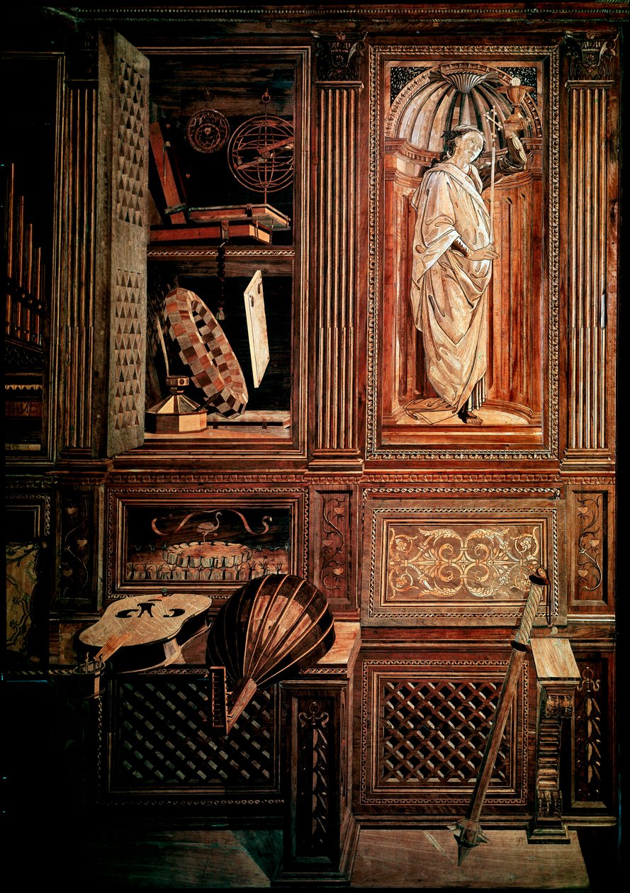 Studiolo av hertig Fredrik III av Montefeltre, hertig av Urbino (Urbino), på italienska Federico III da Montefeltro (1422-1482). Detalj med representation av en mazzocchio. Legno trämosaik, formlister utförda av Baccio Pontelli (1450-92) efter ritningar av av Baccio Pontelli