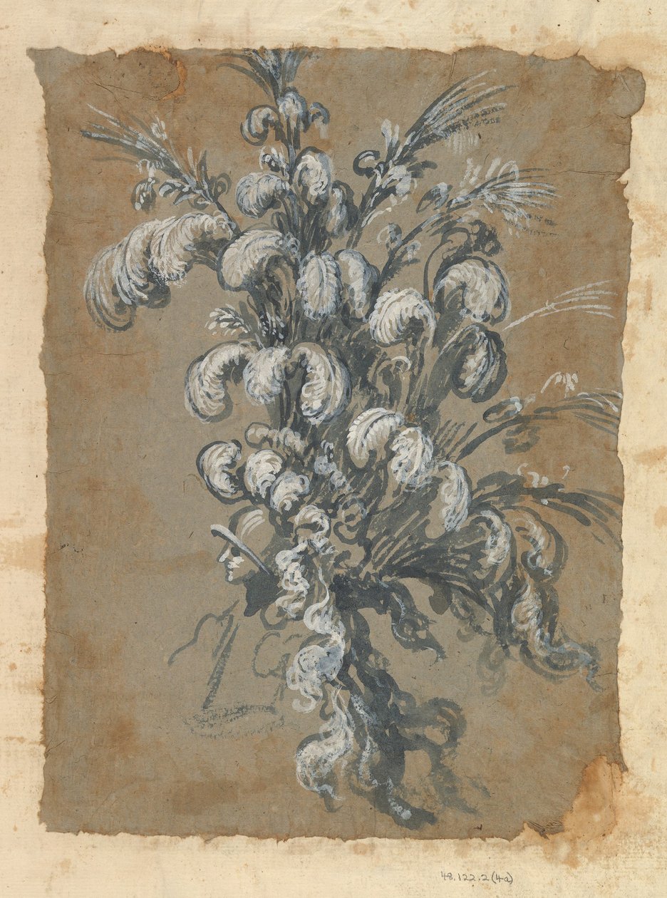 Design för en påkostad huvudbonad med fjädrar på en hjälm, ca. 1620-56. av Baccio del Bianco
