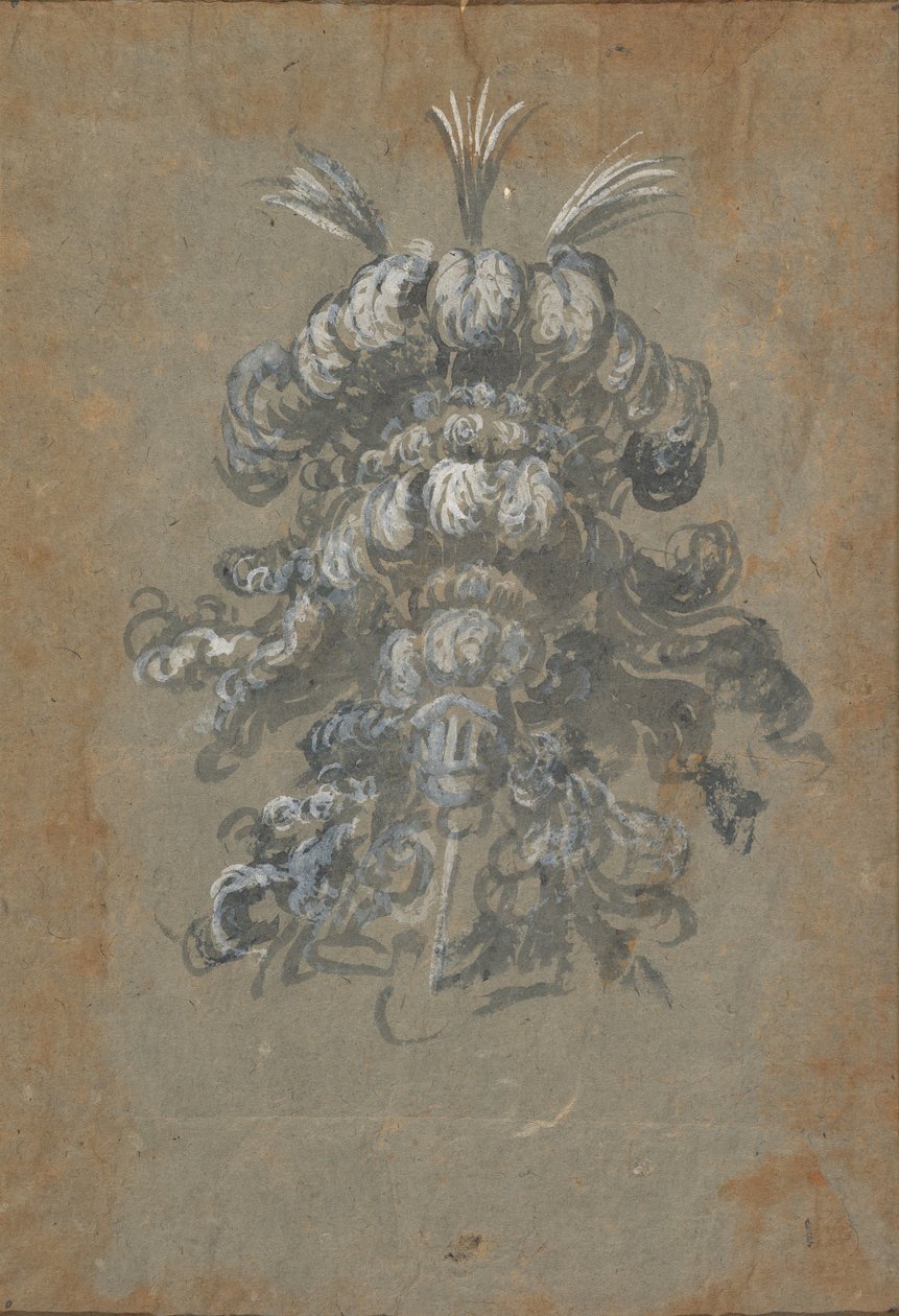Design för en påkostad huvudbonad med fjädrar på en hjälm framifrån, ca. 1620-56. av Baccio del Bianco