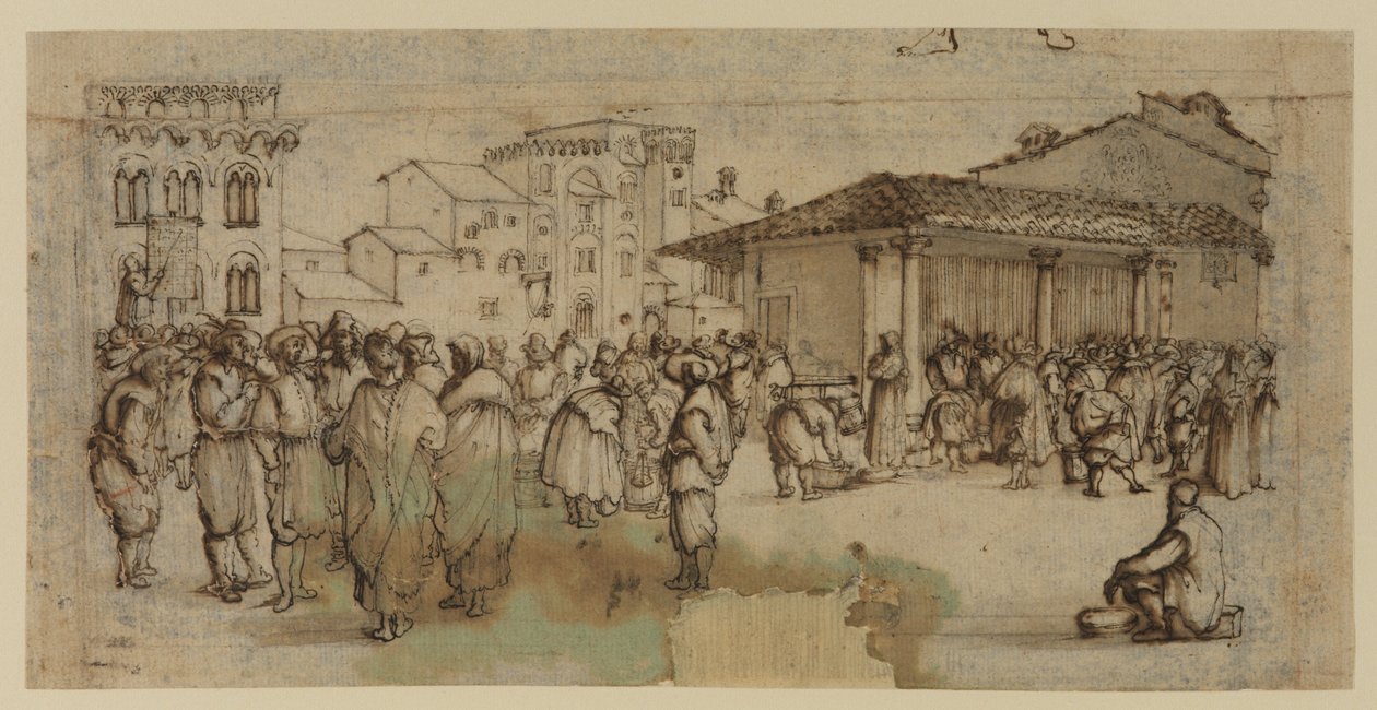 Marknadstorget i Florens, med figurer (krita, penna och bläck och tvätt på papper) av Baccio del Bianco