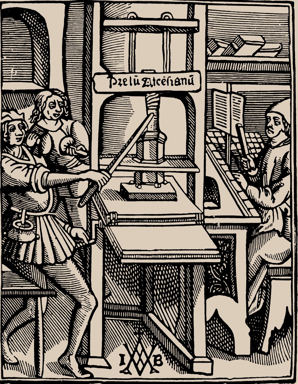 Prelum Ascensianum: skrivarens enhet med tryckpressen i arbete, 1508. av Badius