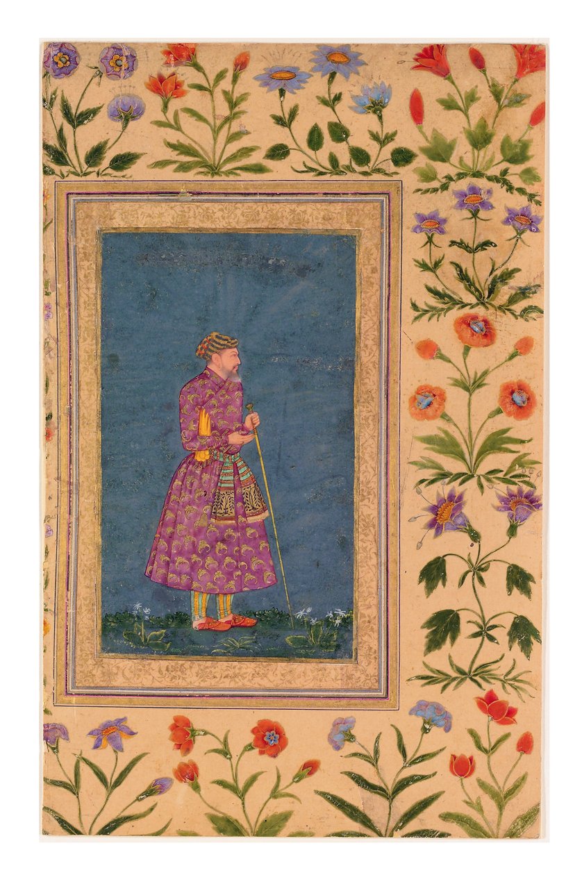Porträtt av Mughal Grandee, stående, ca 1640 (ogenomskinlig akvarell & guld på papper) av Bahadur Ilyas