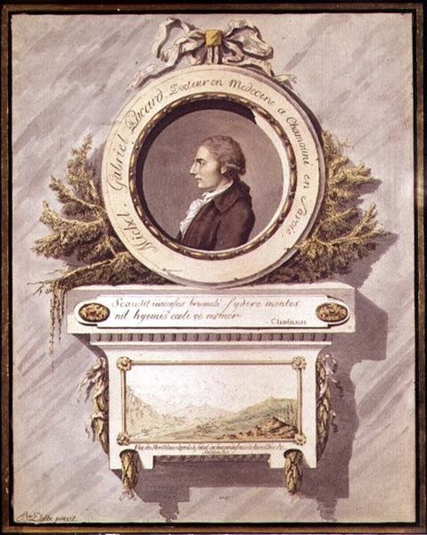 Michel Gabriel Pacard, läkare från Chamonix, Savoie med utsikt över Mont Blanc från Sallenchedalen, 1700-talet (wc) av Bailer Dalbe