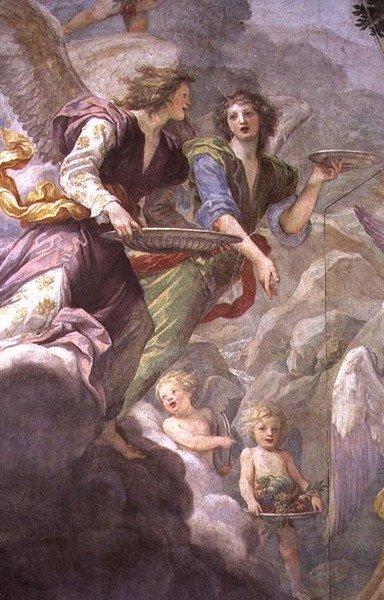 Kristus betjänad av änglar, detalj av änglar och keruber av Baldassare  Franceschini