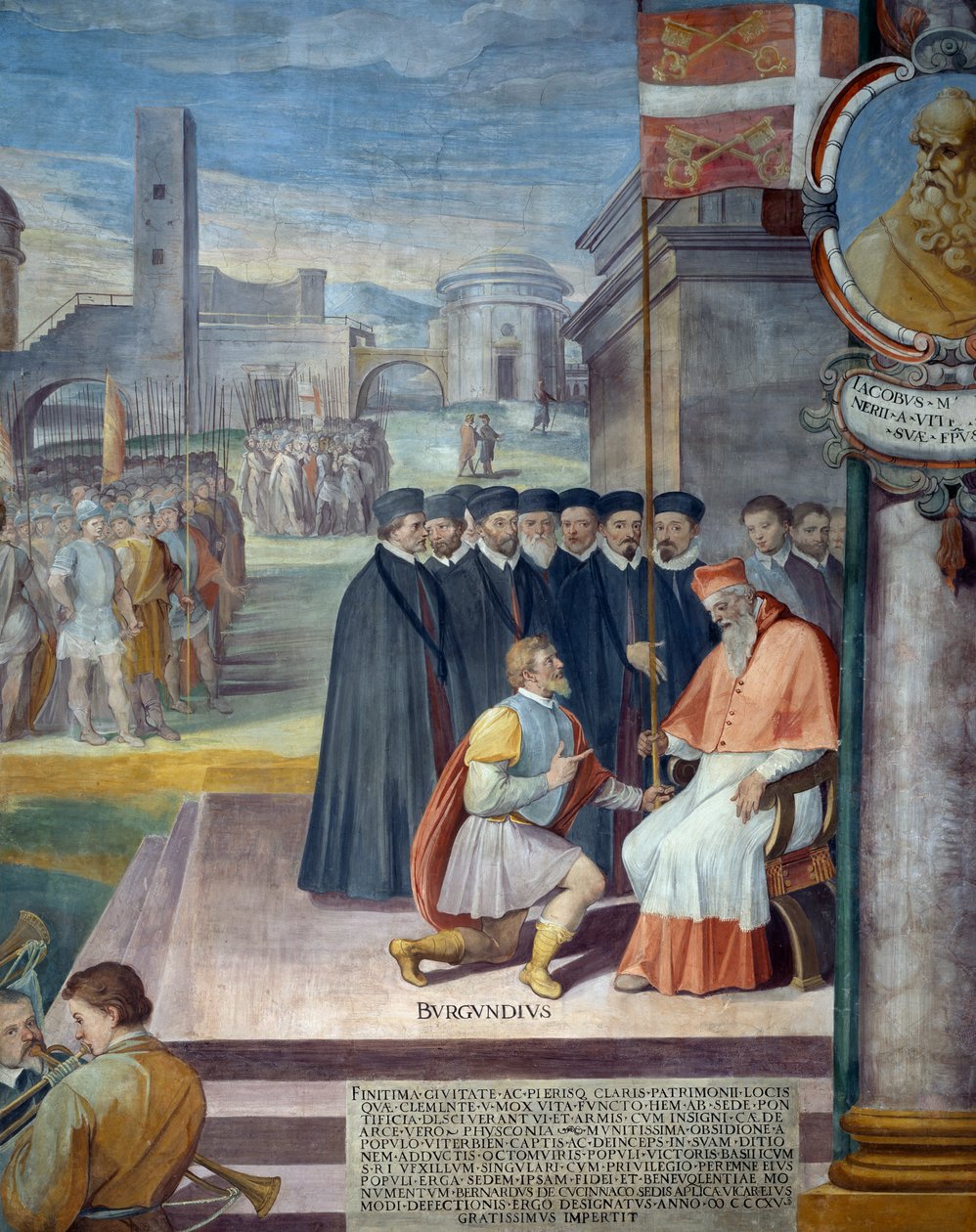 Bernard de Coucy, patrimoniets rektor, ger staden Viterbo kyrkans standard, fresk av Baldassarre Croce av Baldassare Croce