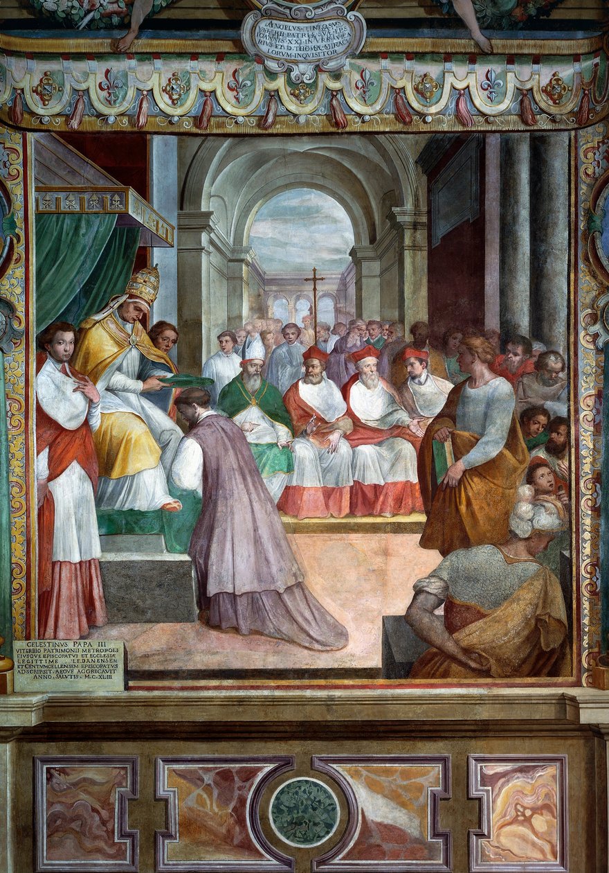 Celestine III invigde den första biskopen av Viterbo 1192, detalj av fresker av Baldassare Croce av Baldassare Croce