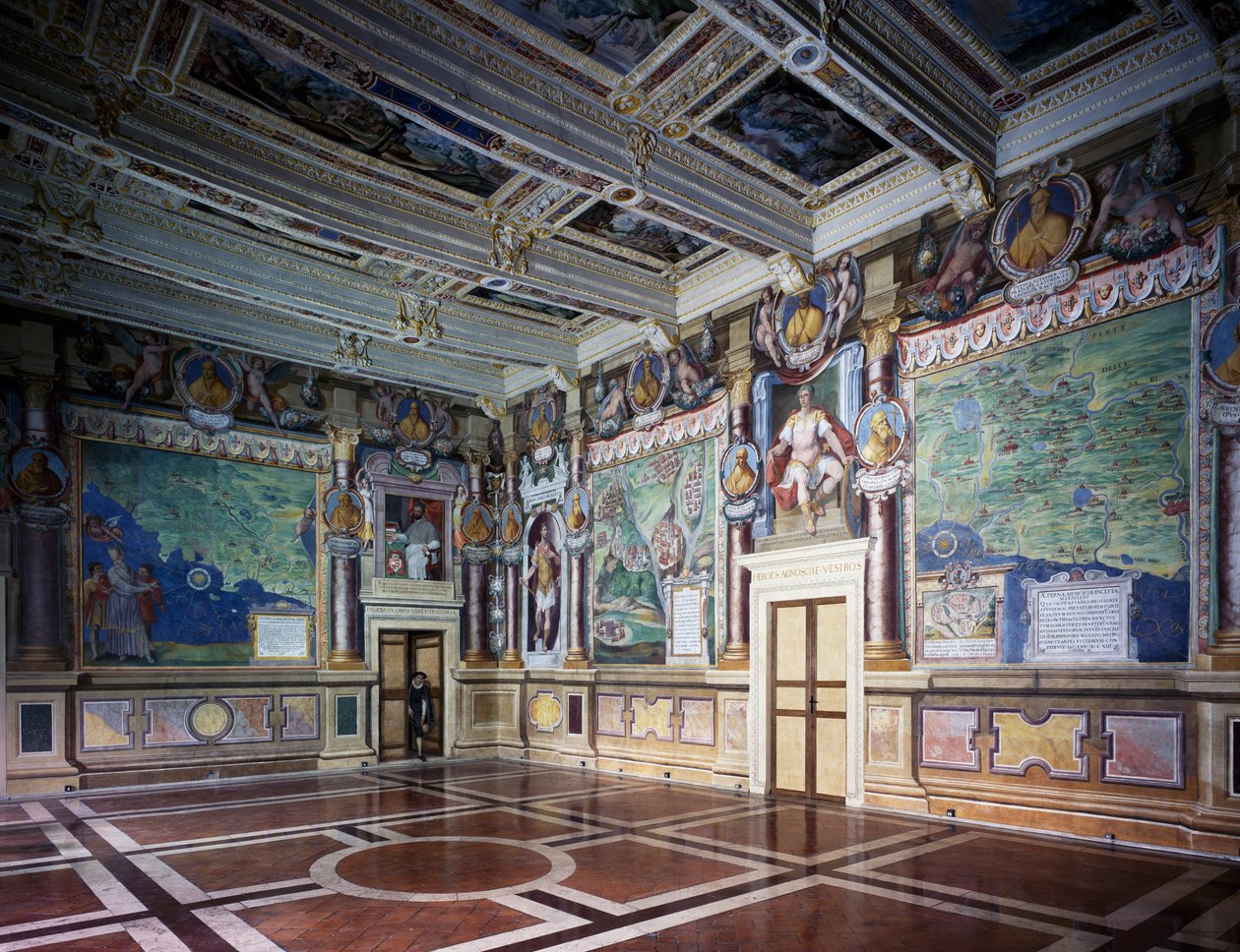 Kunglig eller Hercules Hall med fresker, Hercules Hally Baldassare Croce, mytologiska scener och historiska händelser i staden Viterbo, trätak, rådhus, före detta Palazzo dei Priori, Viterbo, Lazio, Italien av Baldassare Croce