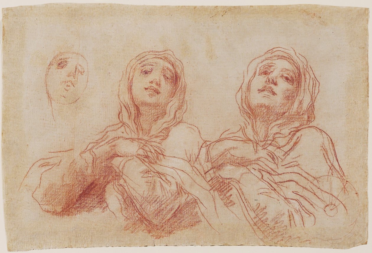 Studies for the Head of the Virgin, ca 1680 (röd krita med spår av vit krita förhöjande på lagt papper) av Baldassare Franceschini
