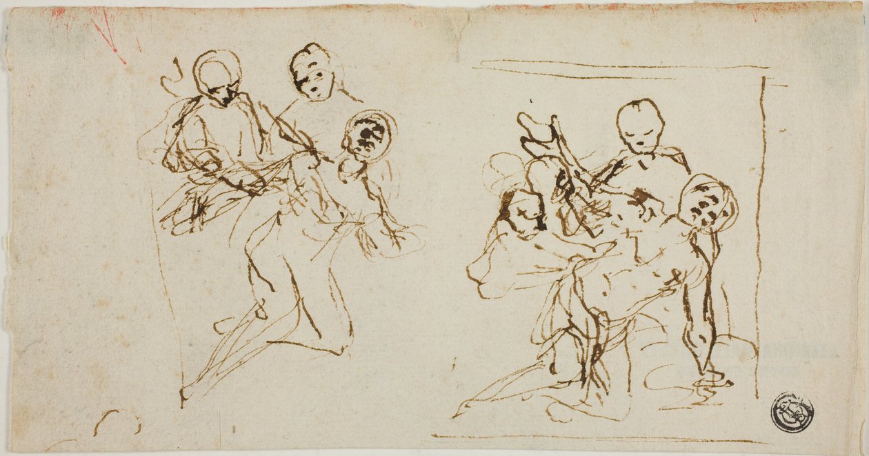Två kompositionsskisser av kollapsande figur med stöd av två andra figurer (recto); kompositionsskiss av knästående figur med stöd av två andra figurer av Baldassare Franceschini
