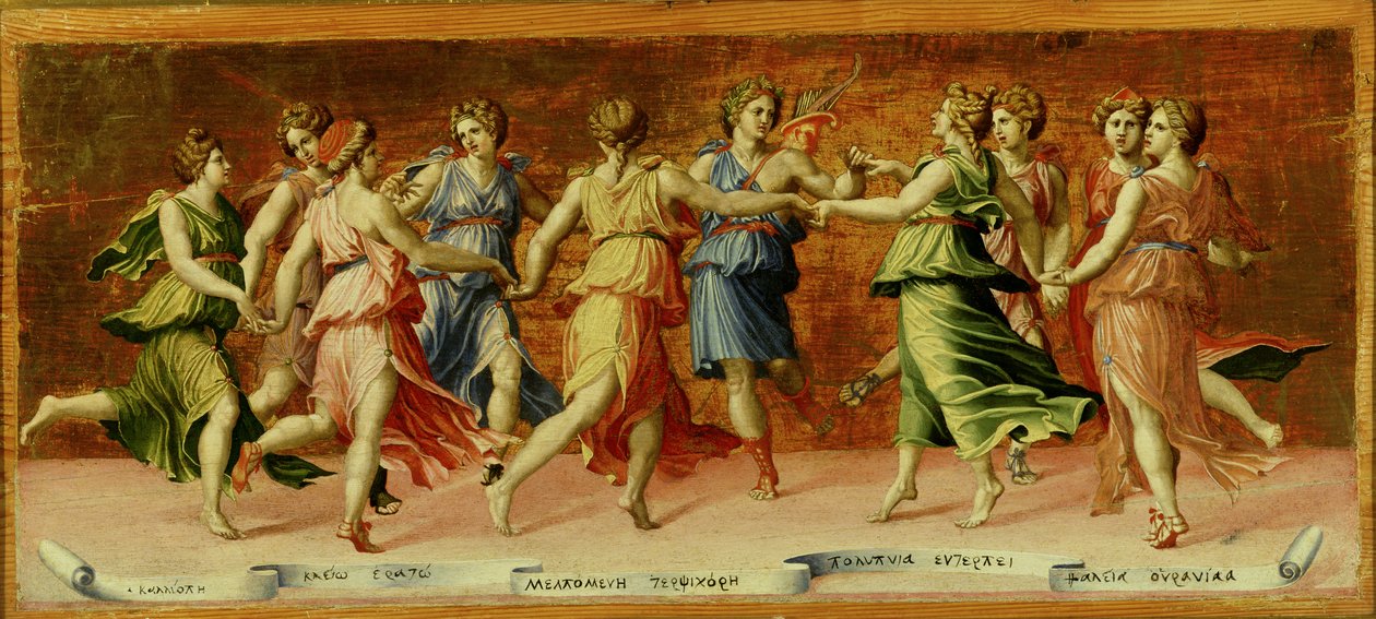 Apollons dans med de nio muserna (tempera på panel) av Baldassarre Peruzzi
