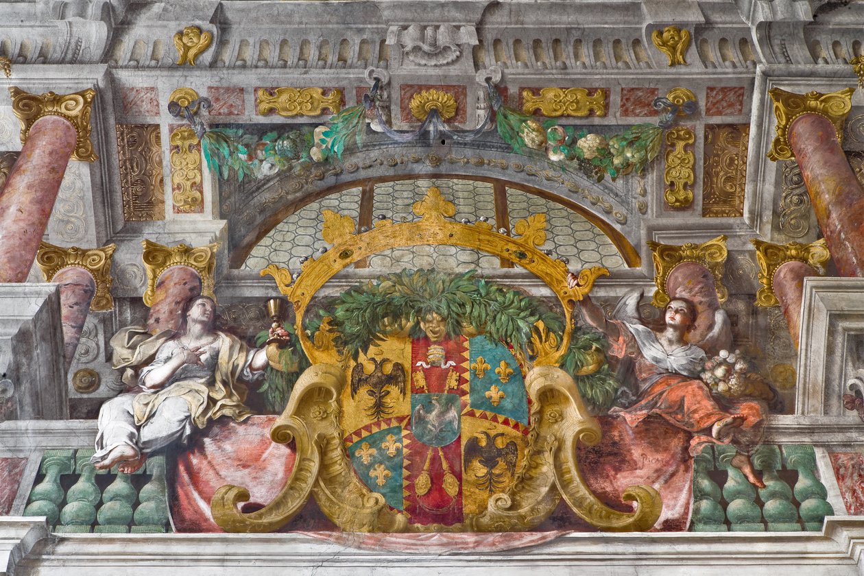 Detalj med taklist och allegoriska figurer i dekorationen, S:t Franciskuskyrkan, Sassuolo, Italien av Baldassarre & Monti Giovanni Giacomo (1620 92) Bianchi