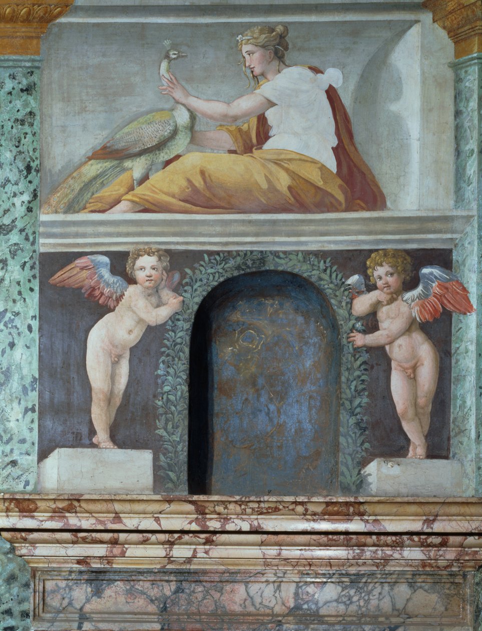 Sala delle Prospettive Hall of Perspective detalj av trompe loeil nisch som visar gudinnan Juno med en påfågel, fresk 1518-19 av Baldassarre Peruzzi
