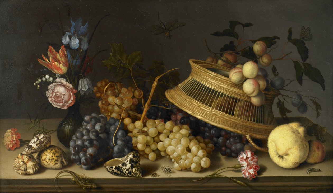 Stilleben av blommor, frukt, snäckor och insekter av Balthasar van der Ast