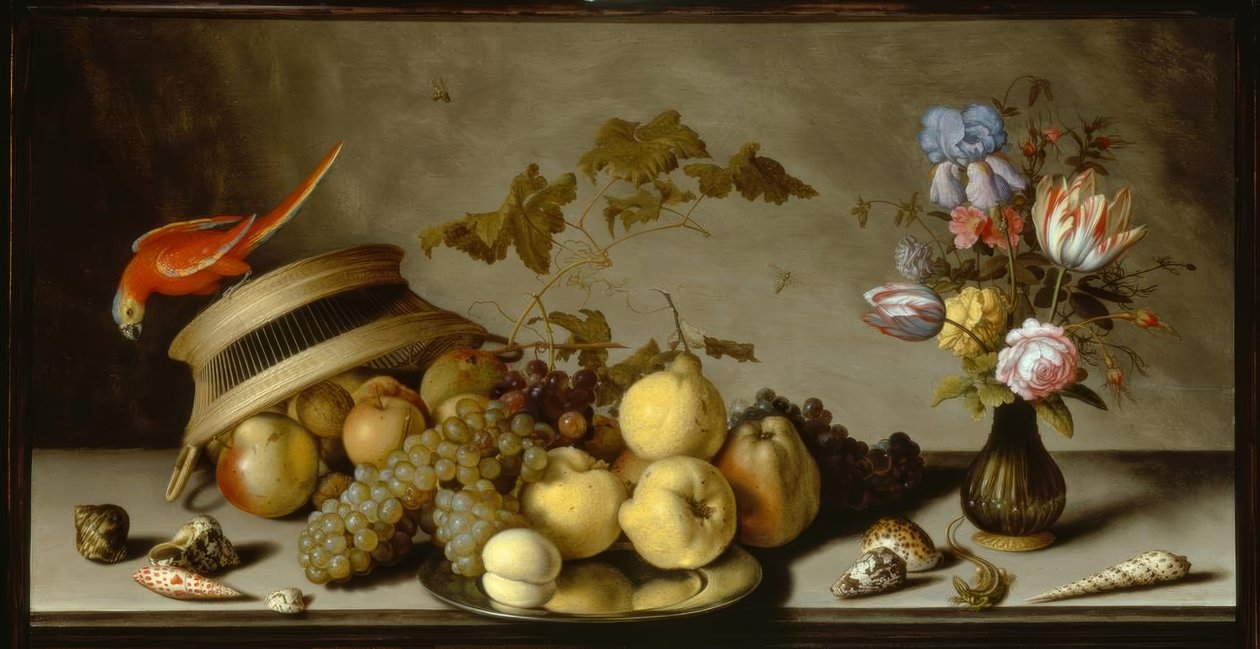 Stilleben med päron, persikor och äpplen på tenntallrik av Balthasar van der Ast