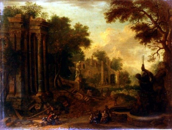 Skogbevuxet landskap med resenärer som vilar vid klassiska ruiner (en av ett par) av Balthasar (circle of) Beschey