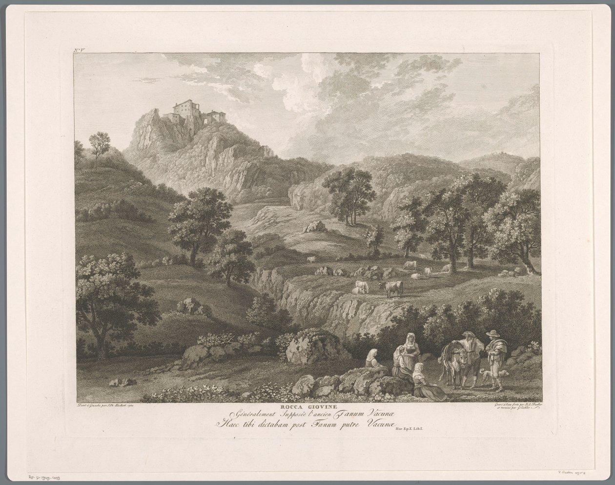 Utsikt över Roccagiovine Rocca Giovine (titel på objekt) Suite de VI vues des Environs de Rome (...) (serietitel) av Balthasar Anton Dunker