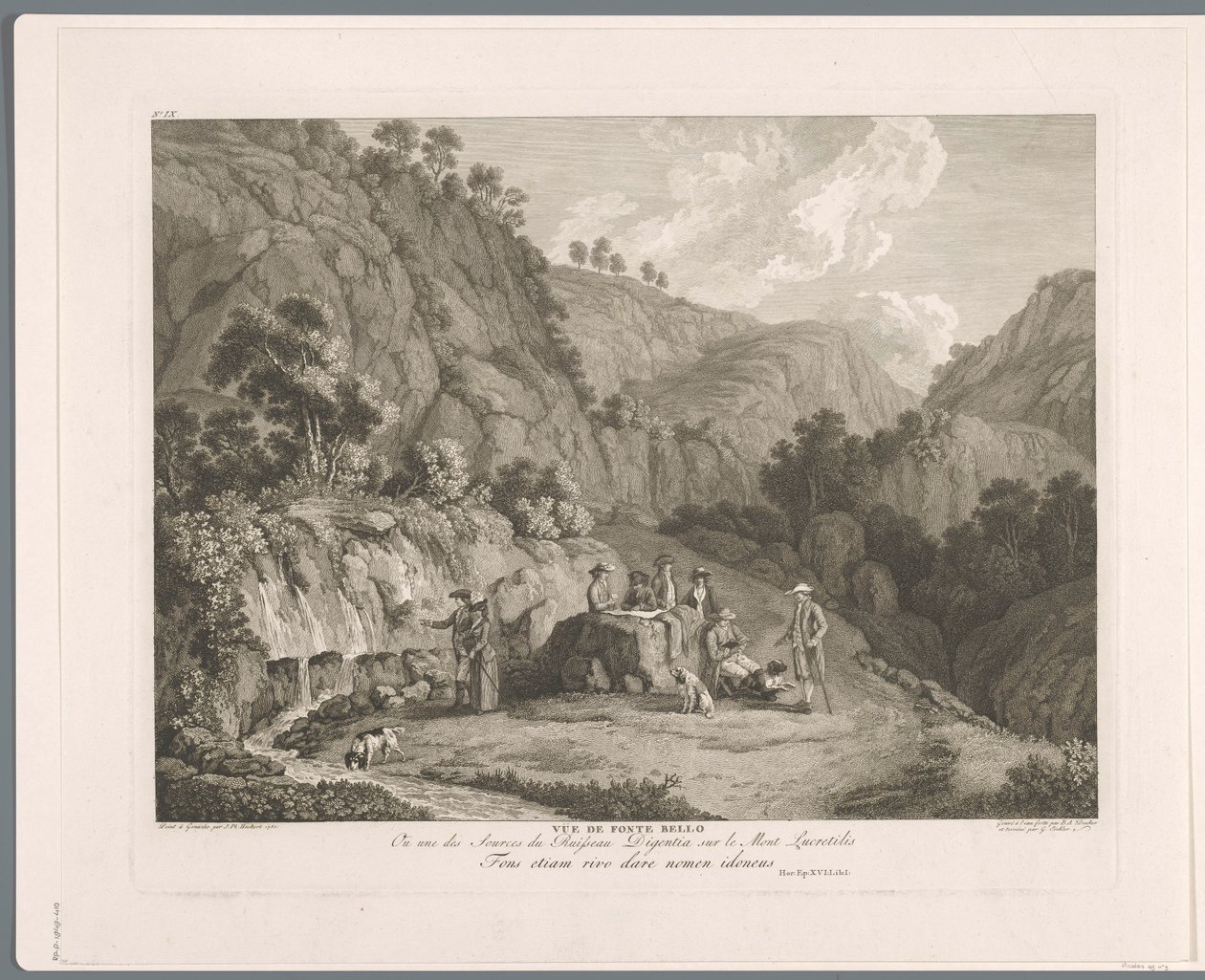 Vy över källan vid Monti Lucretili Vüe ​​​​de fonte bello (titel på objekt) Suite de VI vues des Environs de Rome (...) (serietitel) av Balthasar Anton Dunker